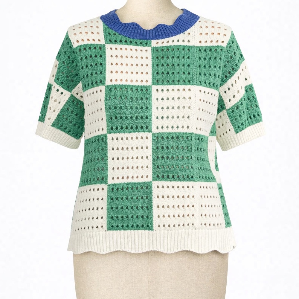 NEW Green and White Checkered Open Knit Sweater by Jodifl